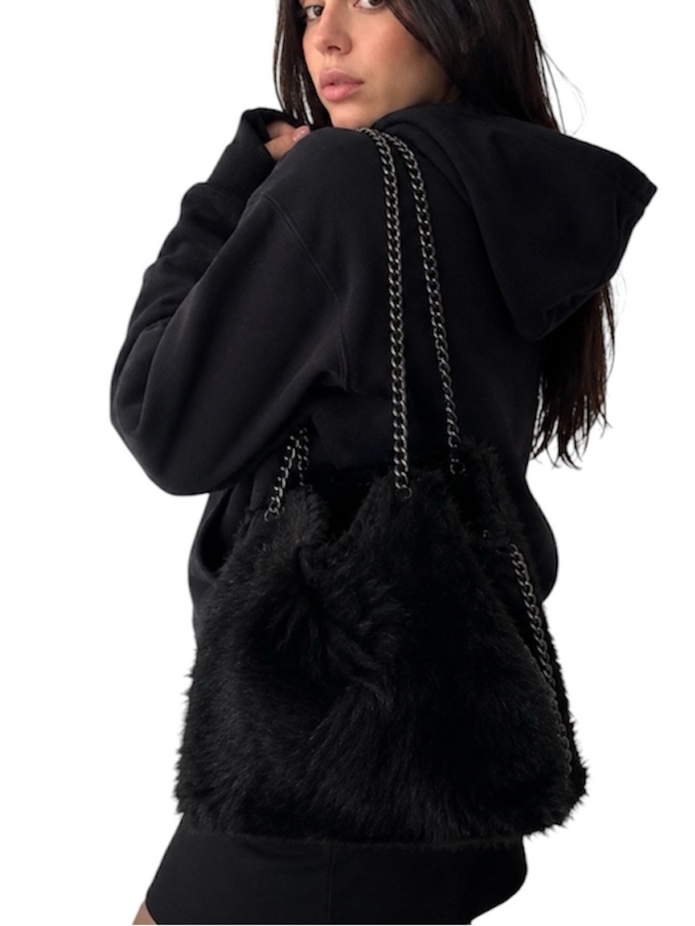 Browns Y2K Black Faux Fur Chain Purse l Coquette Shoulder Bag 🖤